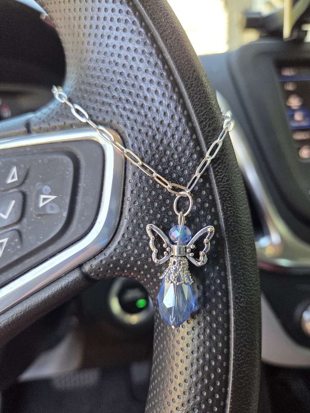 Hand Crafted Light Blue Angel Steering Wheel Charm Silver Chain Mirror Charm